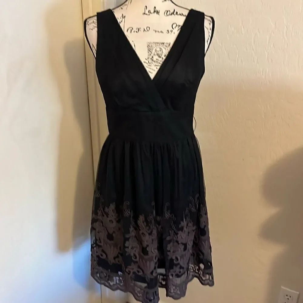 Anthropologie Burlapp Black Brown Lace Embroidered Sheer Mesh Crochet Dress